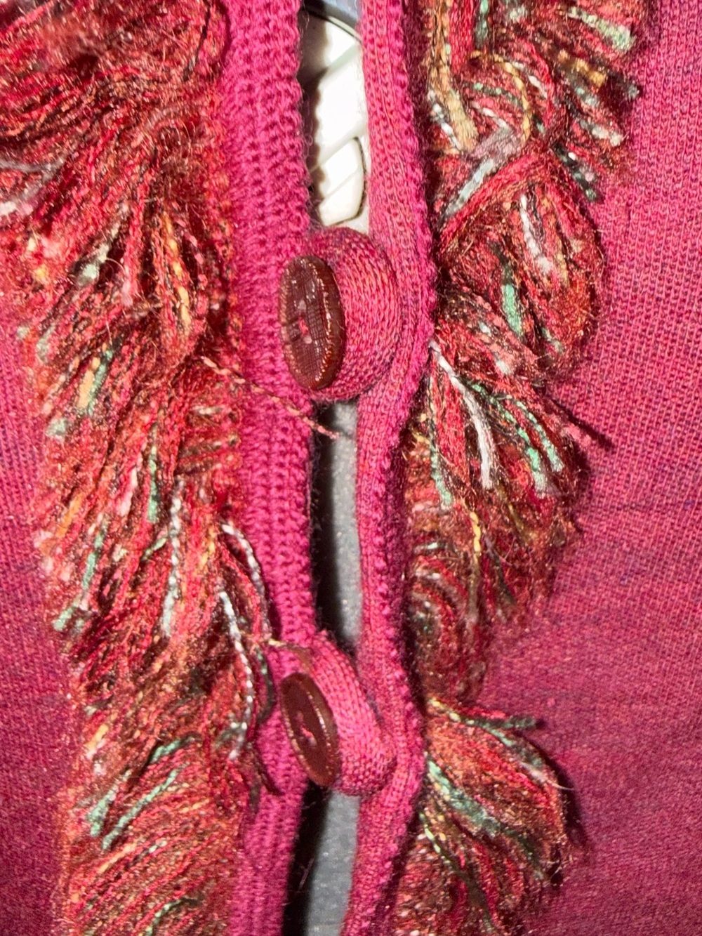 M by Missoni Burgundy Fringe-Trim Button Cardigan - Picture 2 of 8